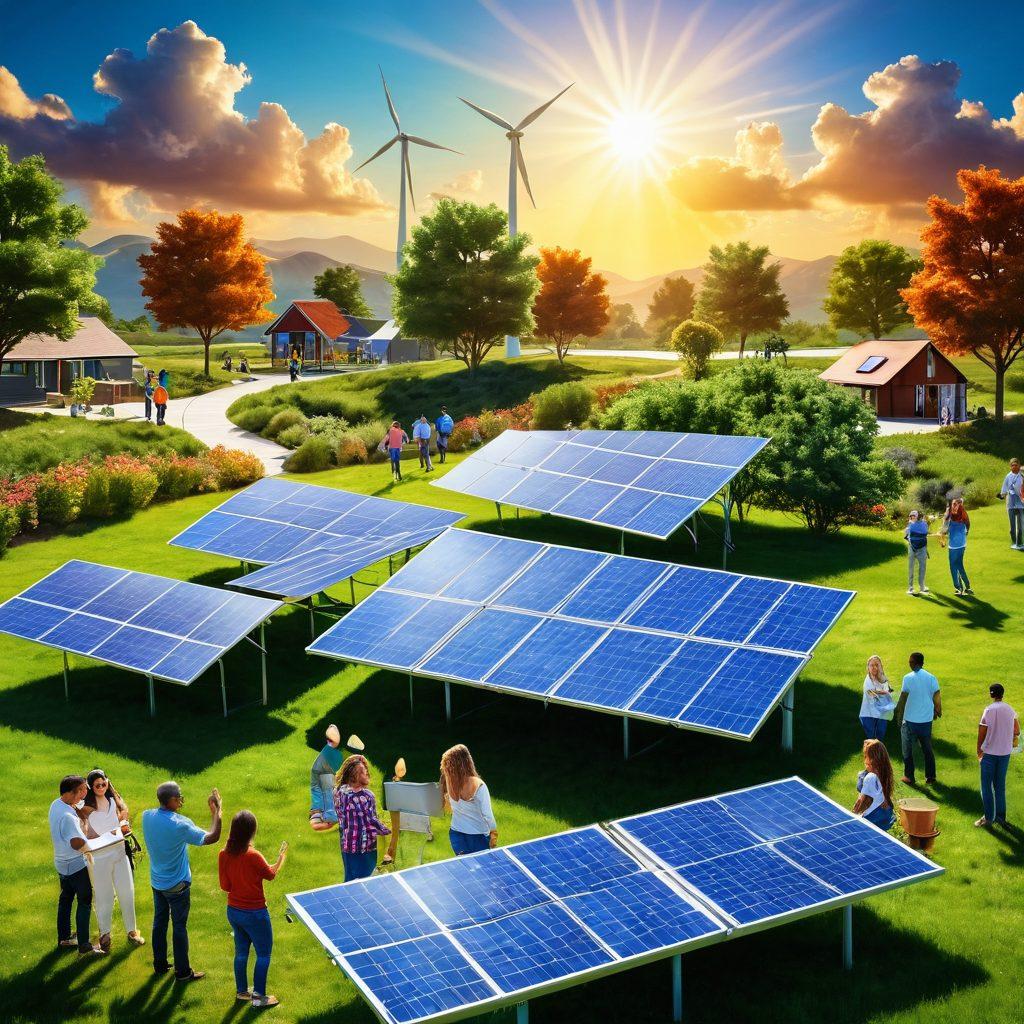 A vibrant community gathering with diverse people collaborating joyfully around renewable energy setup, such as solar panels and wind turbines, showcasing unity and innovation. Include elements of greenery and natural landscapes to symbolize harmony with nature. Bright colors radiate positivity, with rays of sunlight breaking through clouds. super-realistic. vibrant colors. bright background.