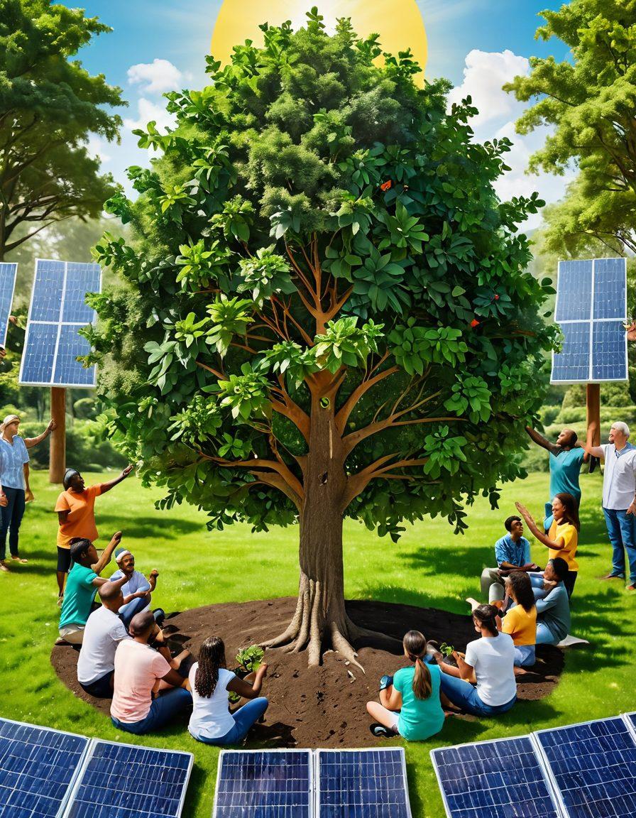 A harmonious community gathering showcasing diverse individuals joyfully engaging in sustainable practices, surrounded by lush greenery and solar panels. Illustrate interconnected hands planting a vibrant tree symbolizing growth and unity. Include elements of nature, renewable energy, and smiles that radiate joy. vibrant colors. super-realistic.