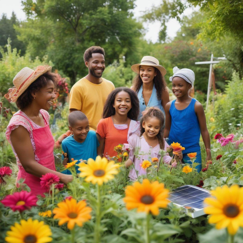 A diverse group of people gathered in a vibrant community garden, working together to install solar panels, surrounded by lush greenery and colorful flowers. Joyful expressions on their faces as they celebrate their sustainable energy efforts, with children playing nearby. The scene is infused with warmth and a sense of unity, representing hope for a sustainable future. bright colors. realistic. lively atmosphere.